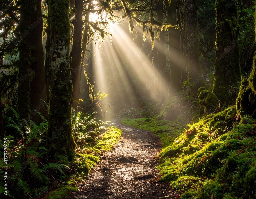 Fototapeta premium Sunbeams pierce a misty forest path, illuminating lush moss-covered trees