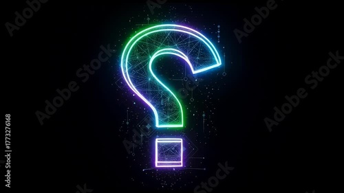 Neon question mark sign glowing with colorful light black background, digital futuristic style, symbolizing curiosity and mystery, digital network
