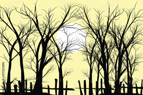 Silhouette of wooden fence with group of dead trees landscape illustration.eps