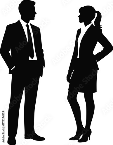 Business man and woman silhouettes communicating, teamwork and collaboration concept, professional discussion, corporate communication, office partnership and leadership illustration
