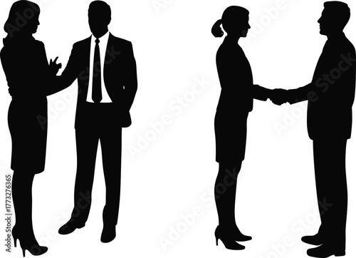 Business people silhouettes communicating and shaking hands, teamwork and partnership concept, corporate cooperation, professional agreement, office negotiation illustration