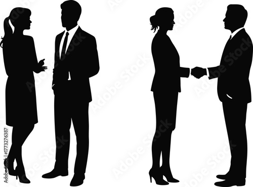 Business people silhouettes communicating and shaking hands, teamwork and partnership concept, corporate cooperation, professional agreement, office negotiation illustration