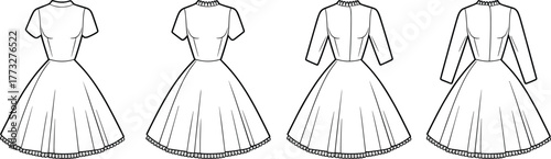 Women’s dress back view collection, CAD fashion drawing, flat vector illustration, garment template, stylish clothing design, editable outline, apparel sketch