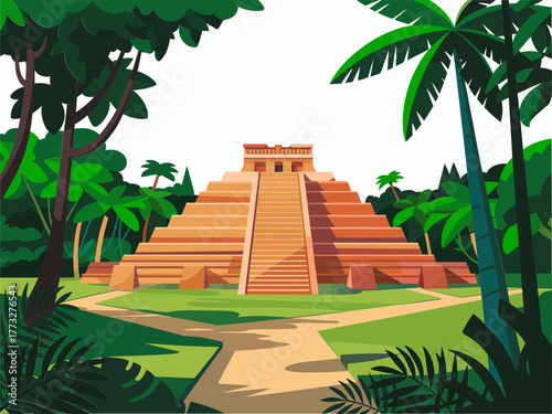Historic step pyramid landmark, tropical jungle clearing, sacred temple stairs, archaeological heritage site, exploration adventure, detailed vector illustration