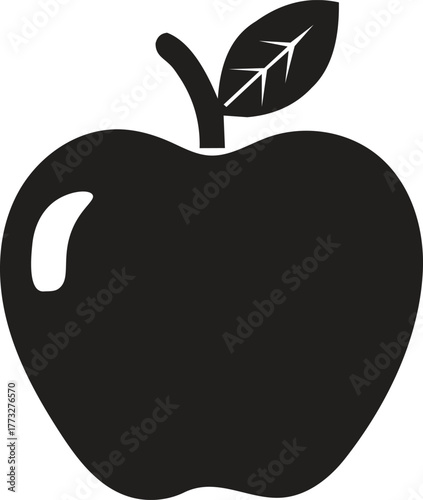 Black silhouette of an apple with a leaf fruit white