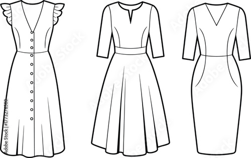 Women’s dress collection with ruffle, belted, and pencil styles, CAD fashion drawing, flat vector illustration, garment template, apparel sketch