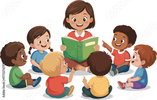Smiling Diverse Kids Listening to Teacher Reading a Book in Circle Time Vector Illustration