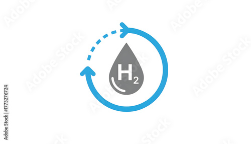 Vector illustration of H2 drop with circular arrows processing. Symbol of hydrogen production. Icon of H2 blue renewable fuel storage.