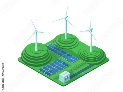 Sustainable energy landscape, wind turbines on hills, solar panel array, green technology, eco power generation, vector illustration