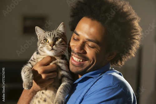 A happy man holding his beloved cat, sharing a moment of joy