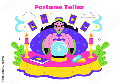Fortune Teller Vector Illustration with Crystal Ball, Magic Book, and Tarot Cards for Predicting Destiny and Telling the Future in a Flat Background