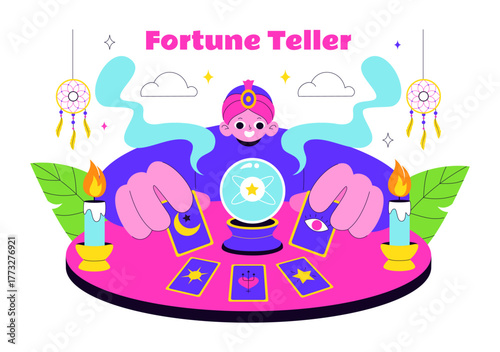 Fortune Teller Vector Illustration with Crystal Ball, Magic Book, and Tarot Cards for Predicting Destiny and Telling the Future in a Flat Background