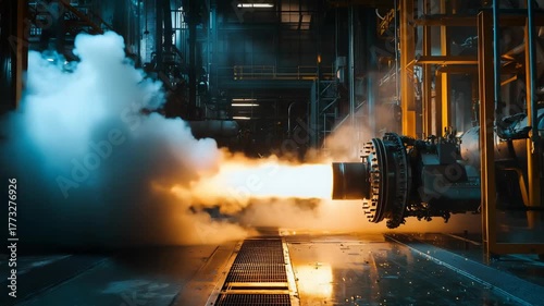 Rocket engine ignites in a test facility, showcasing powerful thrust and intense flames amidst industrial surroundings