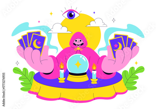 Fortune Teller Vector Illustration with Crystal Ball, Magic Book, and Tarot Cards for Predicting Destiny and Telling the Future in a Flat Background