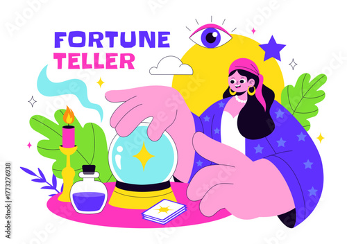 Fortune Teller Vector Illustration with Crystal Ball, Magic Book, and Tarot Cards for Predicting Destiny and Telling the Future in a Flat Background