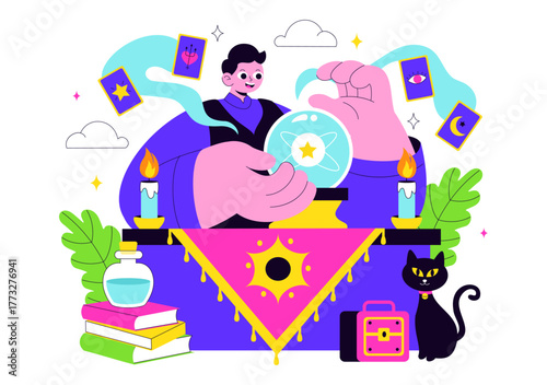 Fortune Teller Vector Illustration with Crystal Ball, Magic Book, and Tarot Cards for Predicting Destiny and Telling the Future in a Flat Background