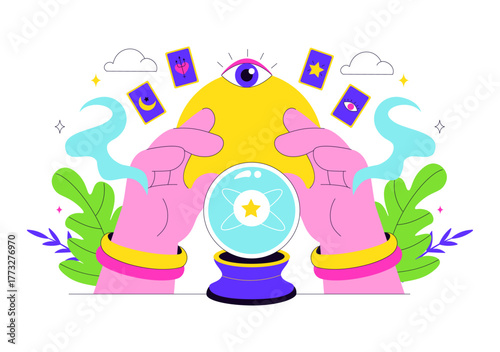 Fortune Teller Vector Illustration with Crystal Ball, Magic Book, and Tarot Cards for Predicting Destiny and Telling the Future in a Flat Background