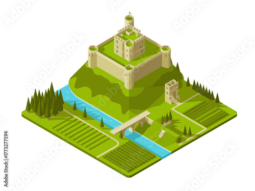 Hilltop temple fortress with stepped terraces, waterway channels, watchtower, green valley fields, scenic agricultural landscape, isometric