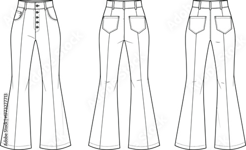 Women’s flared pants flat sketch, CAD drawing, high waist, button fly closure, patch pockets, vector template, garment design, technical fashion illustration