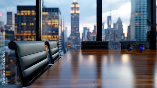 Elegant Boardroom with City Skyline View at Dusk, Modern Architecture, and Stylish Office Furniture