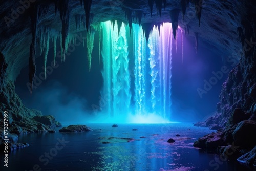 Enchanting waterfall cascading into a serene cave pool, perfect for fantasy landscapes and mystical adventure concepts