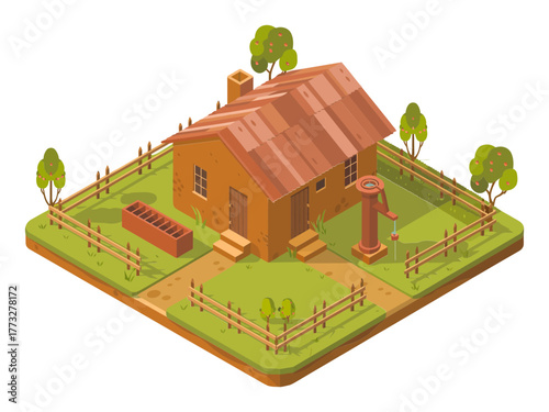 Rural farmhouse homestead, wooden house with red roof, fenced yard, garden path, fruit trees, countryside living, isometric vector