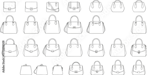 Women’s handbag collection fashion flat sketches, front view technical drawings, vector template set for accessories design illustration