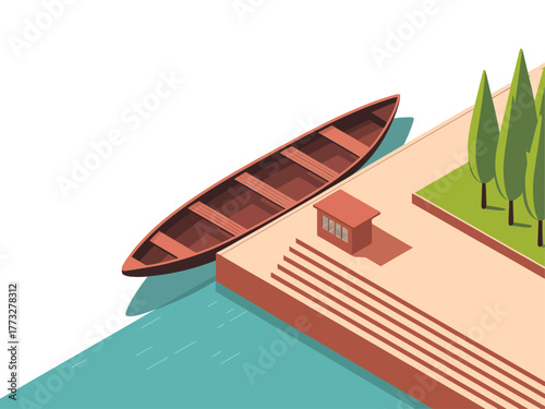 River ghat steps, moored wooden boat, embankment platform, riverside trees, calm water, cultural waterfront scene, travel illustration vector