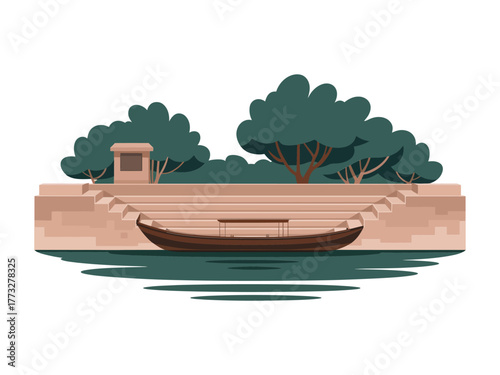 Riverside quay wall, resting longboat, stone platform, bushy trees, still water reflection, minimal landscape design, vector illustration