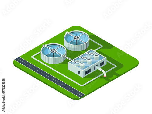 Aeration tank array, secondary treatment stage, blower house building, access road, wastewater management, municipal utilities plant, isometric illustration
