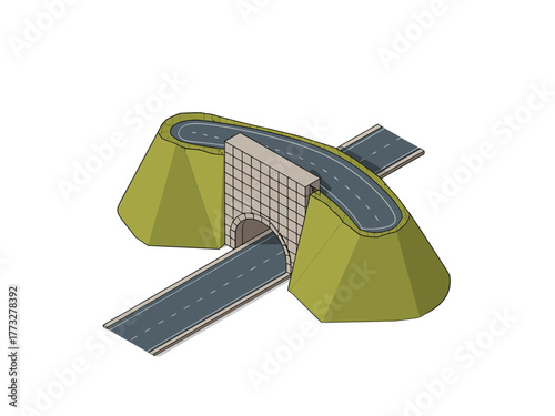 Isometric highway tunnel entrance, grass covered embankments, two lane road portal, civil engineering infrastructure, transport vector illustration