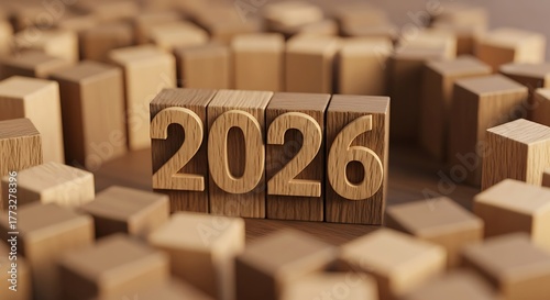 Wooden blocks spelling out the year 2026 surrounded by other blocks.