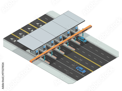 Highway toll plaza station, multiple lanes with booths, barrier gates and canopy, road payment checkpoint, transportation infrastructure vector