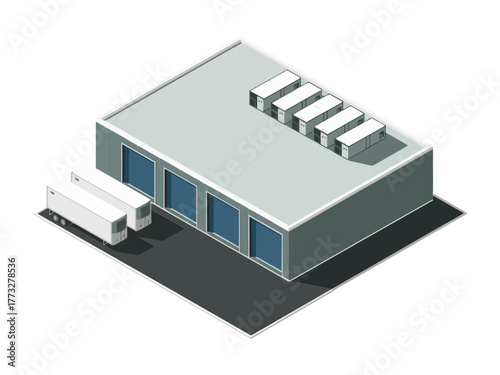 Logistics warehouse building, loading dock with truck, rooftop ventilation units, industrial distribution center, delivery operations concept, isometric vector