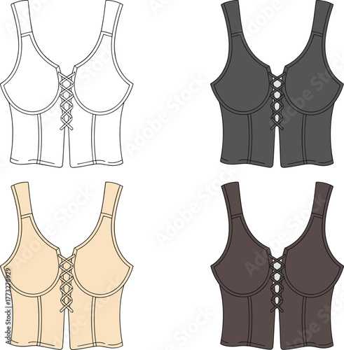 Women’s lace-up corset top flat sketch, cropped tank CAD drawing, fashion vector template for stylish fitted bustier design