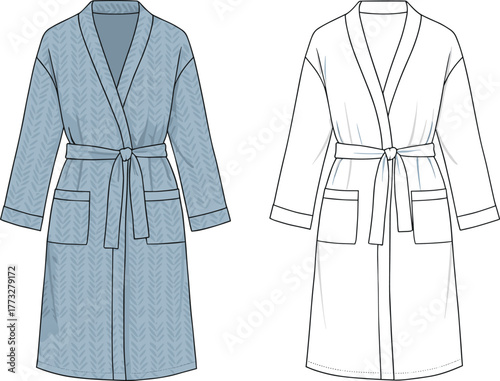 Women’s long bathrobe flat sketch, belted dressing gown fashion vector template with pockets and patterned shawl collar design