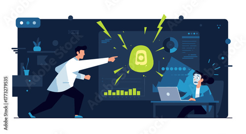 A male professional points at a glowing digital problem, confronting a stressed female developer working on her laptop, depicting urgent technical resolution.