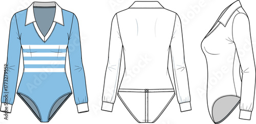 Women’s long sleeve collared bodysuit fashion flat, V-neck striped leotard vector, button closure apparel technical drawing template