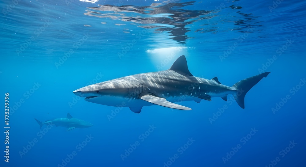 Naklejka premium Magnificent shark swimming serenely in the deep blue ocean waters