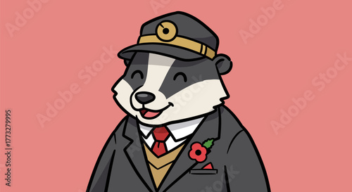 Badger in a uniform smiling with a poppy on his suit.