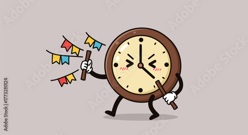 Clock character running with flags, representing time and celebration.