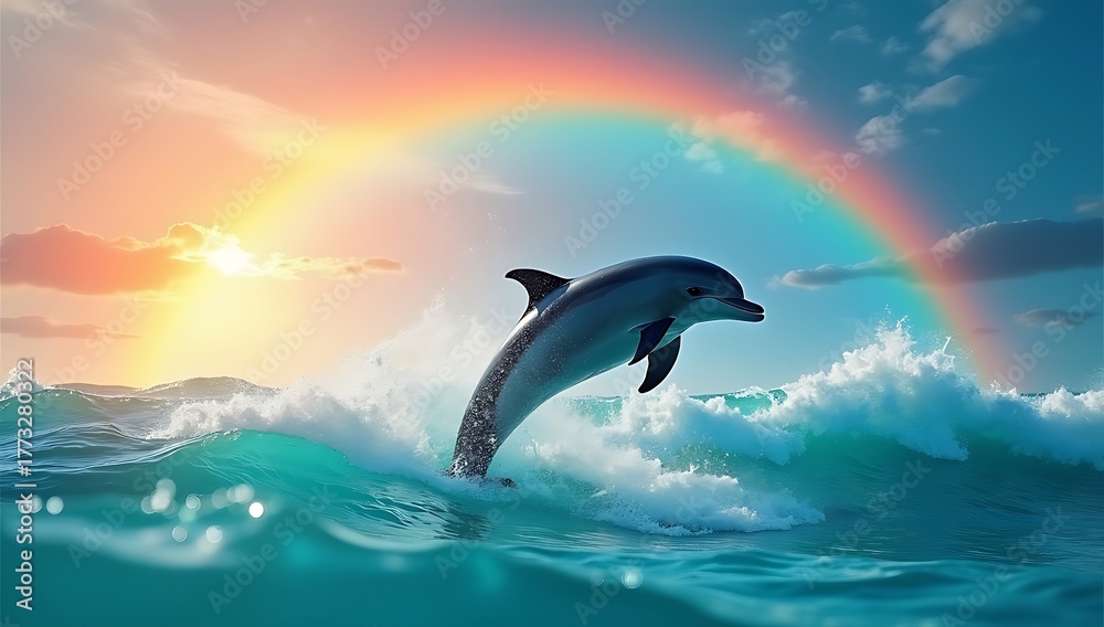 Fototapeta premium A single dolphin leaping out of turquoise ocean water beneath a vivid rainbow and glowing sky, splashes frozen mid-air, joyful moment captured with cinematic lighting and colorful reflections across