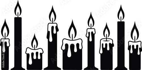 Black silhouette of seven lit candles of varying heights
