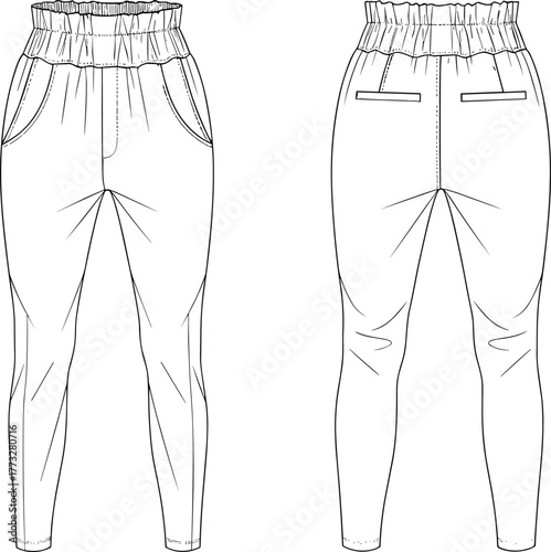 Women’s paper bag waist pants flat sketch, high-waist tapered trousers technical drawing, fashion vector template front and back view