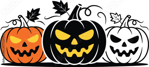 Three Halloween Jackolanterns Orange Black and White