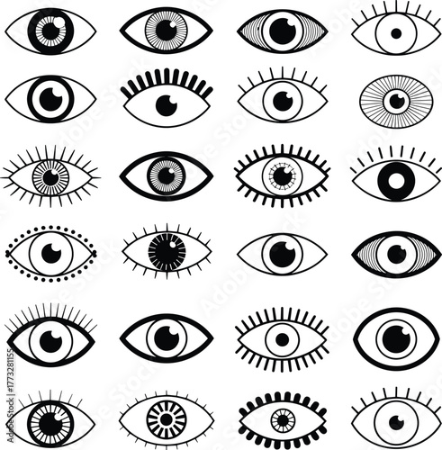 Stylized eye icon set, abstract pupil design, surreal iris pattern, decorative lashes, optical symbols, black and white vector illustration