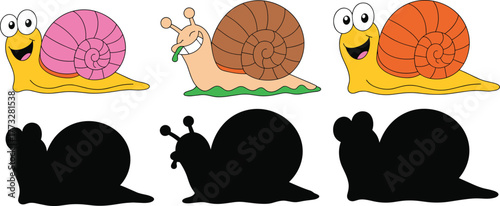 Cartoon snails matching game, colorful snail characters with silhouette shapes, fun educational activity for kids, preschool visual puzzle, vector illustration