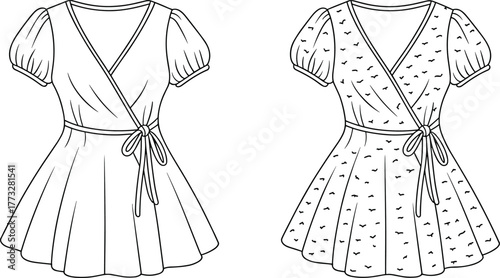 Women’s puff sleeve wrap dress collection, CAD fashion drawing, flat vector illustration, garment template, stylish clothing design, editable outline, apparel sketch