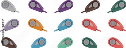 Colorful correction tape dispensers set, stationery supplies for school and office, isolated vector illustration, organized layout, vibrant plastic casing, top view