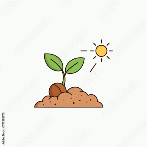 A young plant sprouting from the soil under the warm sunlight.